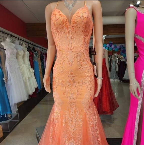 Beautiful prom/formal dress.  Like new. Worn once. Orange/ coral color dress. - Picture 1 of 5